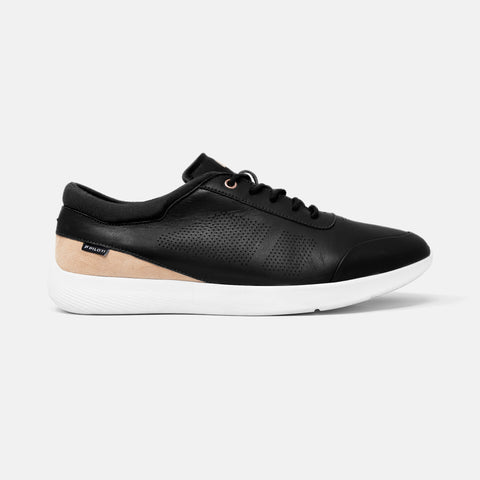 Women's black leather and blush suede Vittoria sneaker with white cup sole, lateral view