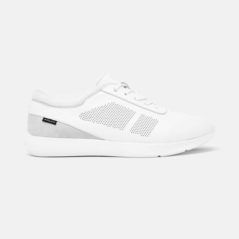 Women's white leather and grey suede Vittoria sneaker with white cup sole, lateral view
