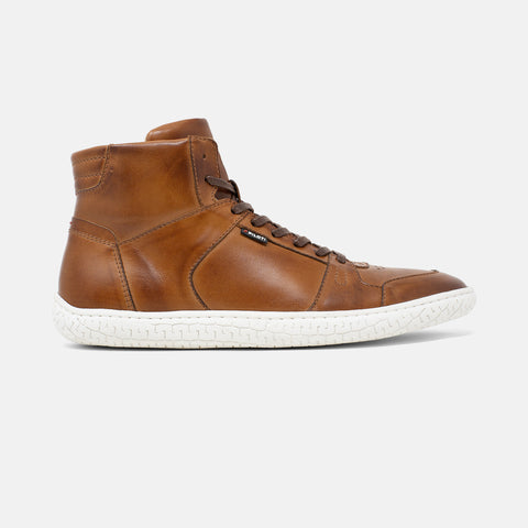 Men's cognac brown burnished leather Apex high top sneaker with white cupsole, lateral view